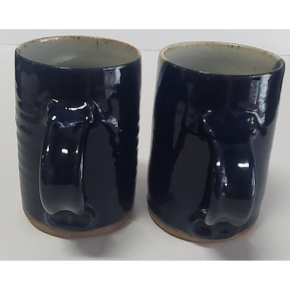 Beaver Creek Pottery Mug Set (2) Glazed Grey/Tan/Navy Drip Textured 4.625" Tall - Picture 4 of 9